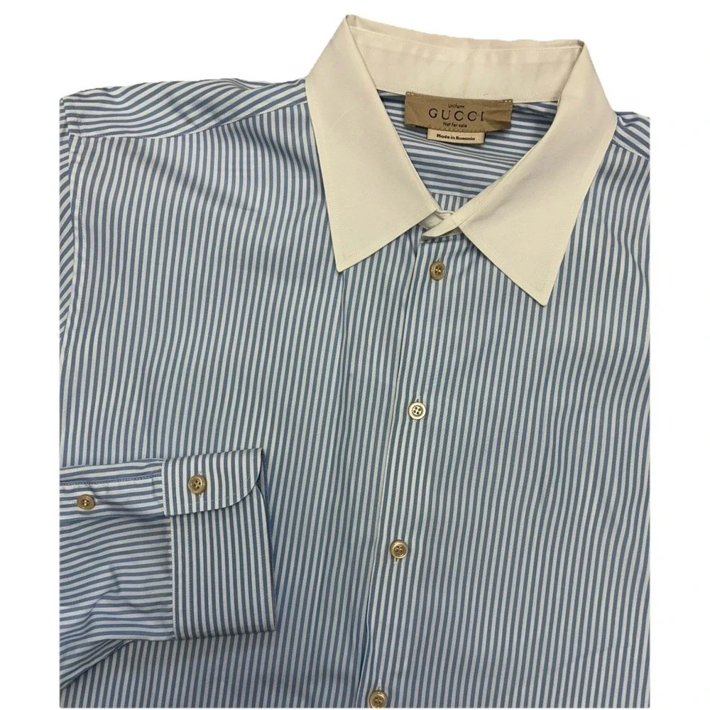 Gucci Shirt Men's 17.5 44 Blue Striped White Collar Poplin Button Up Uniform